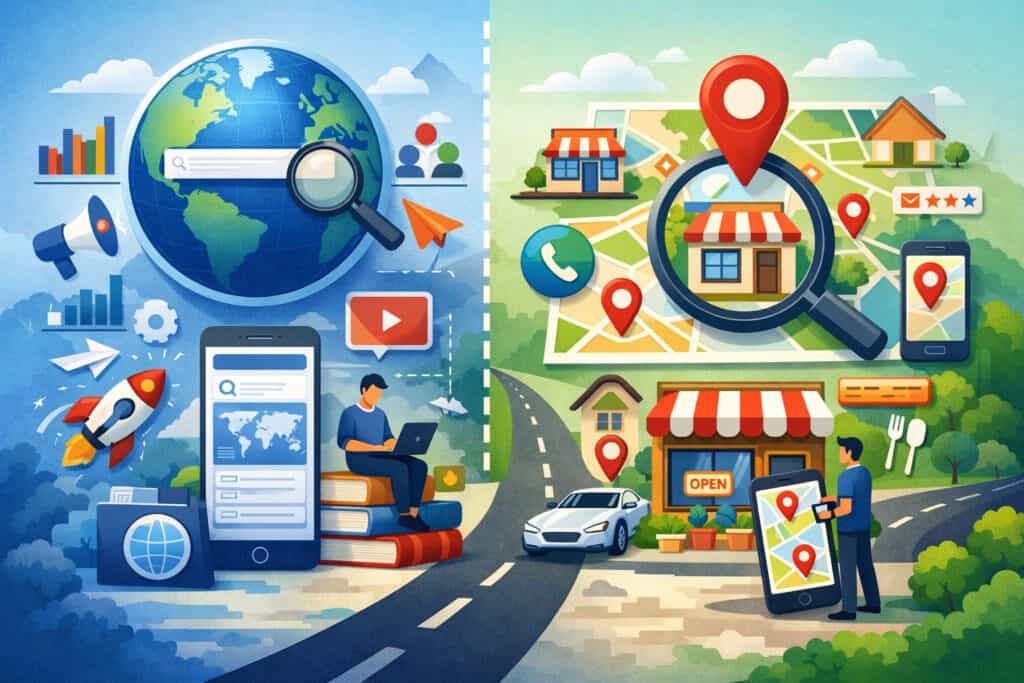 comparing broad SEO keywords with local SEO keywords, featuring global search elements on one side and map-based local business search with location pins on the other