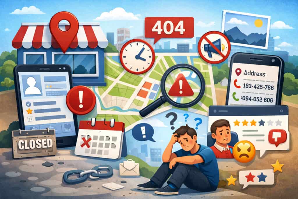 common Google Business Profile mistakes including incorrect information, poor reviews, inconsistent contact details, and missing updates affecting local business visibility