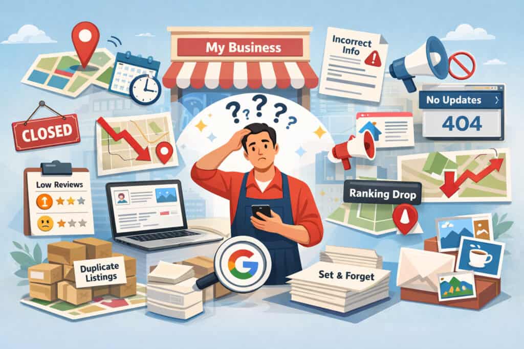 confused business owner surrounded by icons showing common Google Business Profile mistakes like incorrect information, low reviews, duplicate listings, and ranking drops