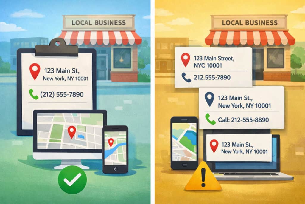 showing comparison between exact NAP consistency and acceptable formatting variations across business listings, highlighting uniform vs inconsistent address and phone details
