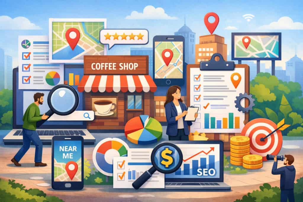 local keyword research process showing map locations, SEO analytics, business listings, and search optimization tools in a city environment