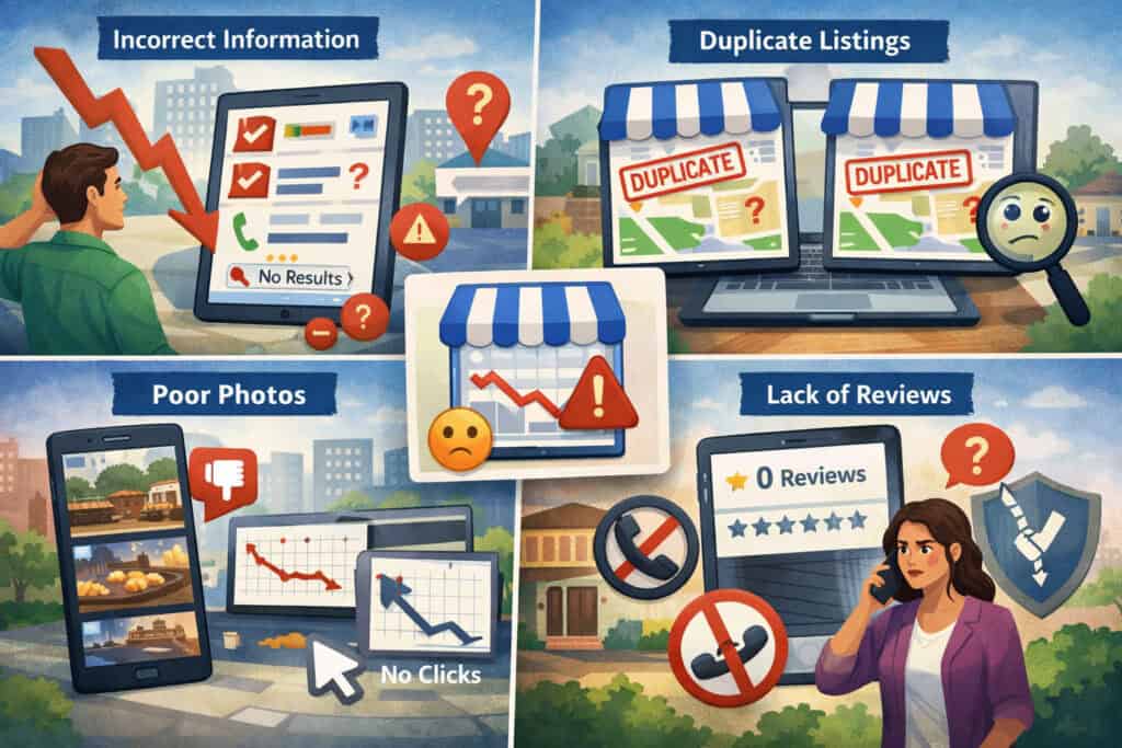 common Google Business Profile mistakes including incorrect information, duplicate listings, poor photos, and lack of reviews negatively impacting rankings, clicks, calls, and customer trust