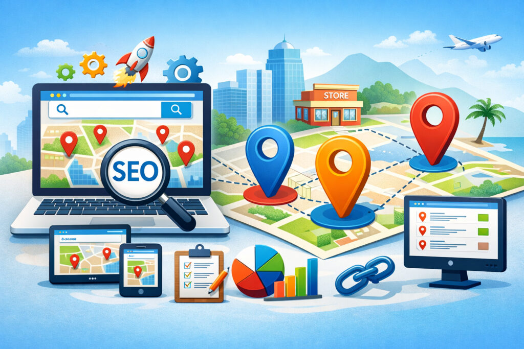 Multi-location SEO landing page concept showing location pins, website optimization tools, and local search ranking elements