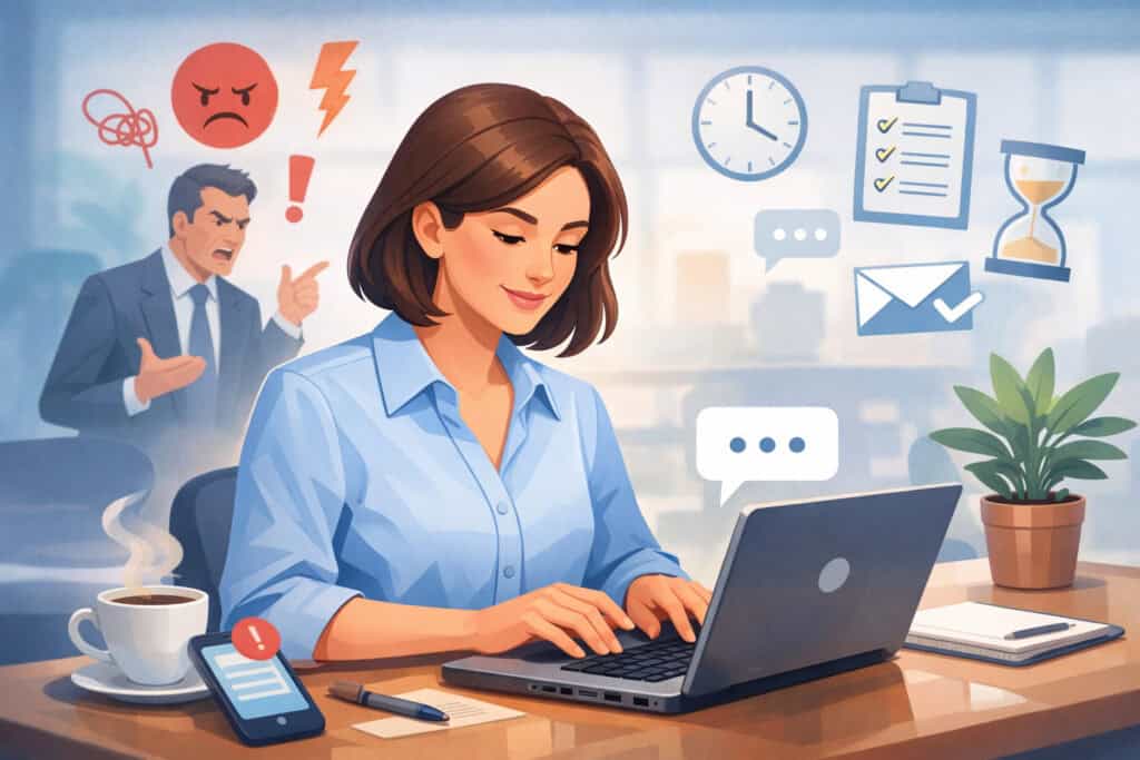 Calm professional woman working on laptop while ignoring an angry coworker in a busy office environment, illustrating emotional control and quick response strategy