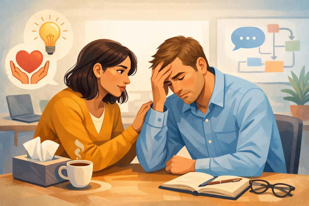 Colleague offering emotional support to stressed coworker in office, illustrating empathy and understanding in communication