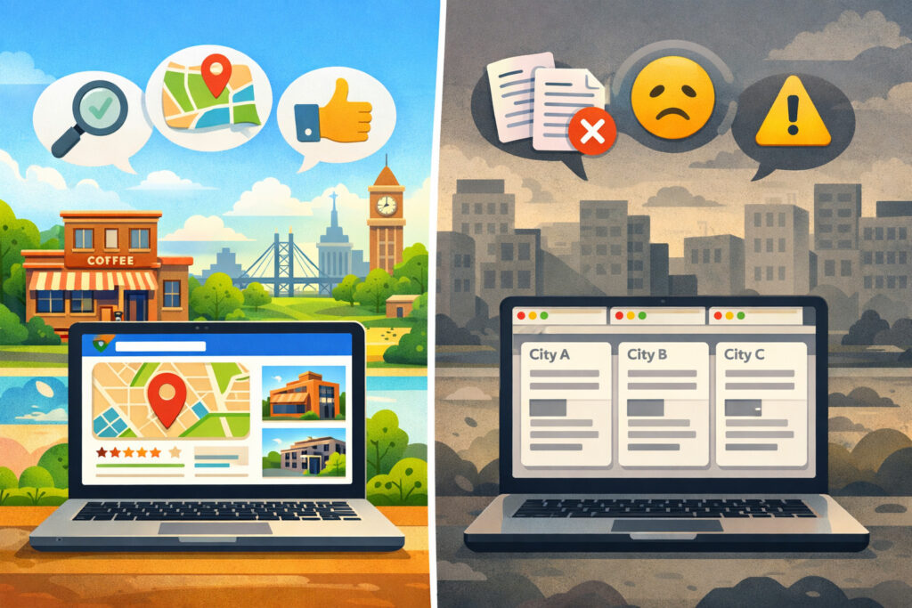 Split illustration comparing high-quality local business location page with map, reviews, and storefront versus low-quality duplicate pages with repetitive content and warning icons