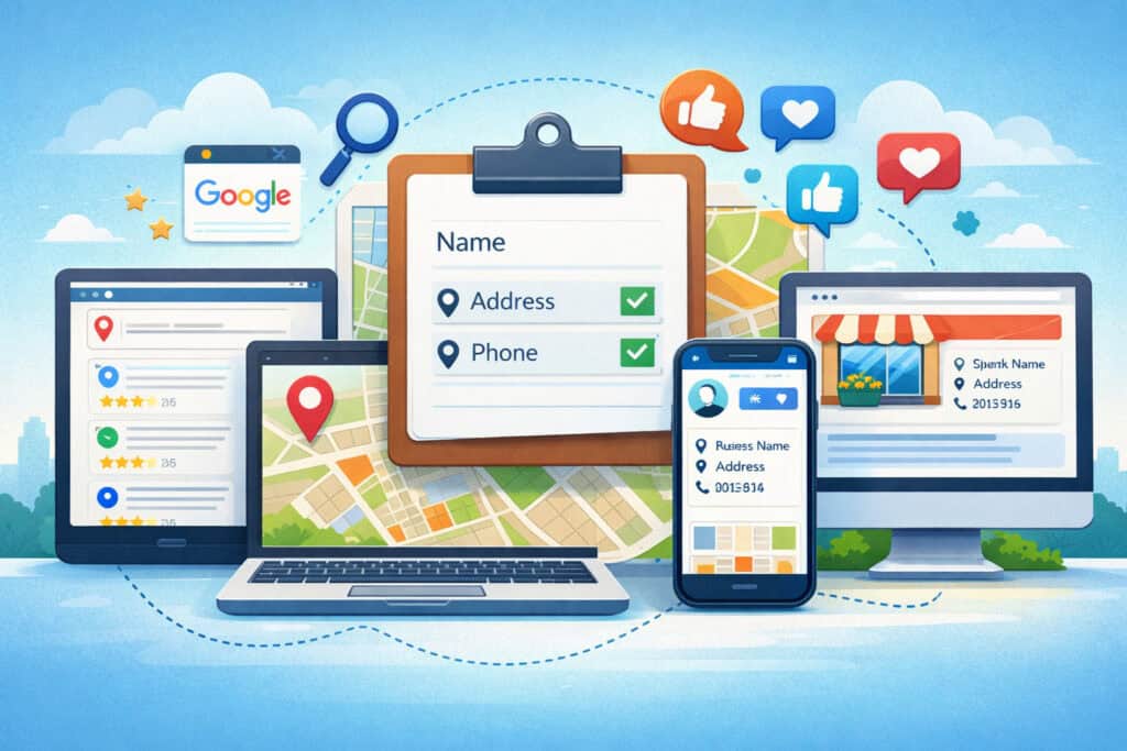 Consistent business NAP information across Google listings, online directories, maps, social media profiles, and website platforms visualized with devices and location icons