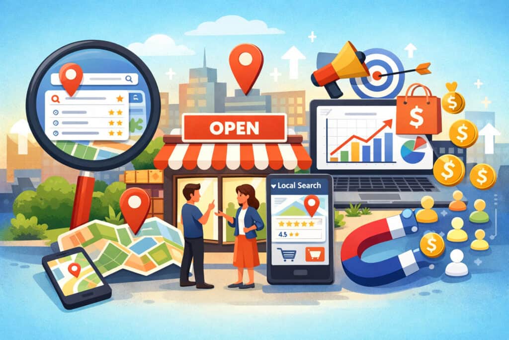 local keyword research strategy with map pins, storefront, search analytics, and conversion growth icons