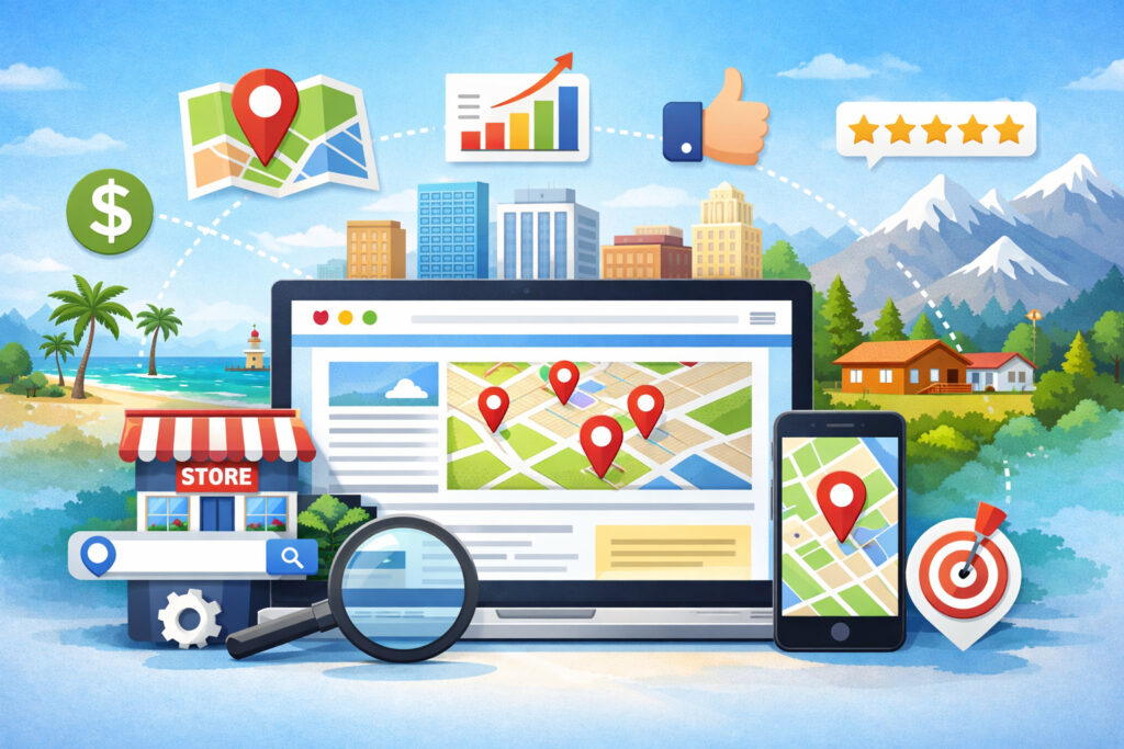 local SEO strategy with multiple location landing pages, map pins across different cities, and business growth icons on laptop and mobile devices