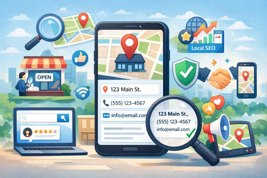 local SEO with consistent business name, address, and phone number across maps, listings, and devices, highlighting trust, visibility, and discoverability