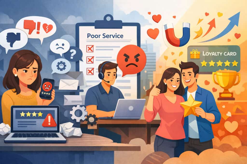 showing how resolving negative customer feedback transforms unhappy customers into loyal, satisfied customers with support interaction, ratings, and loyalty symbols
