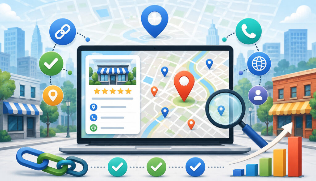 Local SEO citation building map illustration