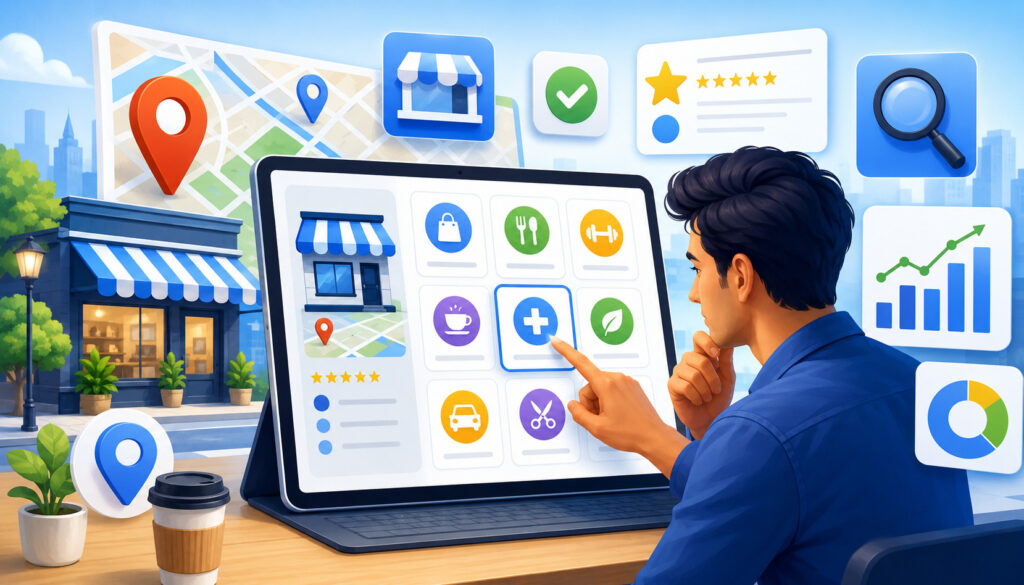Business category selection dashboard for local SEO