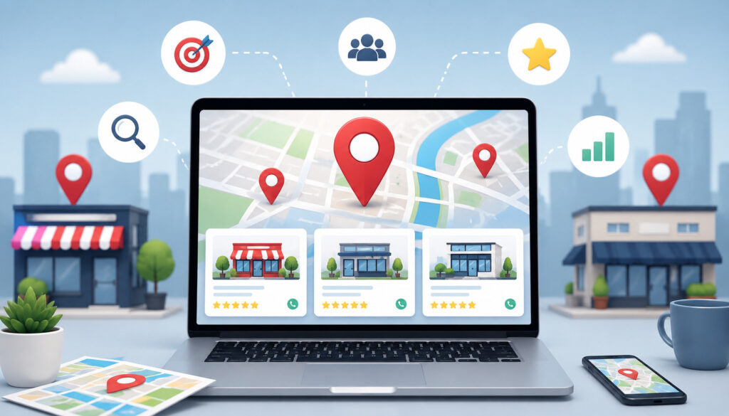 Strong location pages for local SEO with map pins and business listings